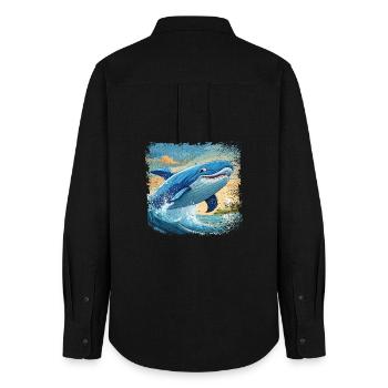 Blauwal springt aus dem Wasser und lächelt - Frauen Oxford Hemd - Schwarz - Hinten - AI Model Female 172 light (172cm)