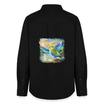 young budgie in children's book style, watercolor - Women's Oxford Shirt - black - Back - AI Model Female 172 light (172cm)