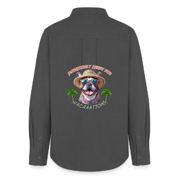 Bulldogge im Sommerlook: Pawsitively Ready - Frauen Oxford Hemd - Anthrazit - Hinten - AI Model Female 172 light (172cm)