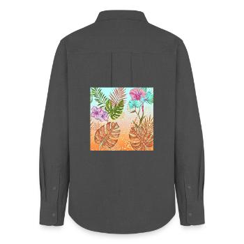 Monstera Tropisches Blumen und Blätter Muster - Frauen Oxford Hemd - Anthrazit - Hinten - AI Model Female 172 light (172cm)
