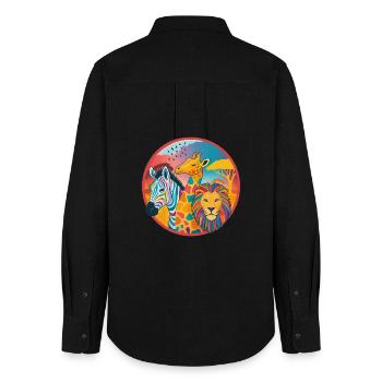 Colorful savannah trio: zebra, giraffe, lion - Women's Oxford Shirt - black - Back - AI Model Female 172 light (172cm)