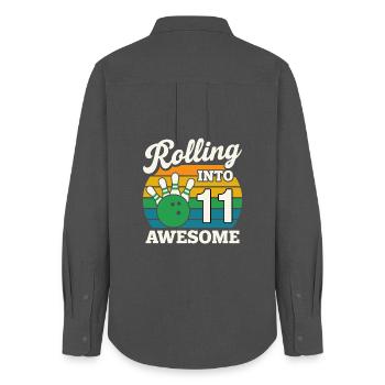 Retro 11 Bowling Celebration T-Shirt - Frauen Oxford Hemd - Anthrazit - Hinten - AI Model Female 172 light (172cm)