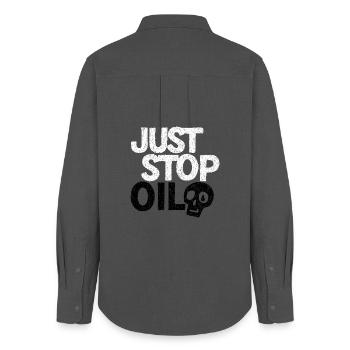 Bold 'Just Stop' Protest Graphic - Women's Oxford Shirt - anthracite - Back - AI Model Female 172 light (172cm)