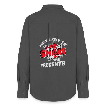 Most Likely to Shake the Presents Weihnachten Spaß - Frauen Oxford Hemd - Anthrazit - Hinten - AI Model Female 172 light (172cm)
