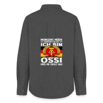 Morgens Müde Ossi Spruch DDR Stolz Ostdeutschland - Frauen Oxford Hemd - Anthrazit - Hinten - AI Model Female 172 light (172cm)