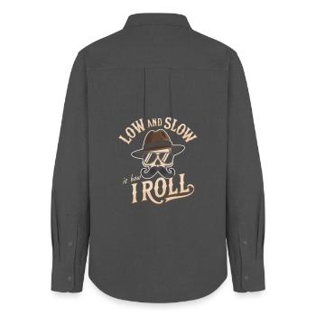 Low and Slow Roll BBQ Motiv - Frauen Oxford Hemd - Anthrazit - Hinten - AI Model Female 172 light (172cm)