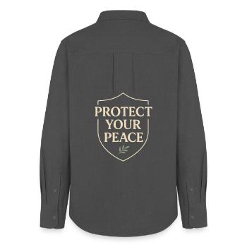Calm is rebellion. Soft Life Self Care - Women's Oxford Shirt - anthracite - Back - AI Model Female 172 light (172cm)