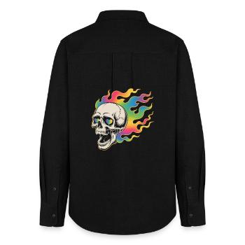 Psychedelic skull in fire design - Women's Oxford Shirt - black - Back - AI Model Female 172 light (172cm)