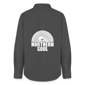 Northern Soul - Keep The Faith - Vinyle 45 tours - Chemise Oxford Femme - charbon - Dos - AI Model Female 172 light (172cm)
