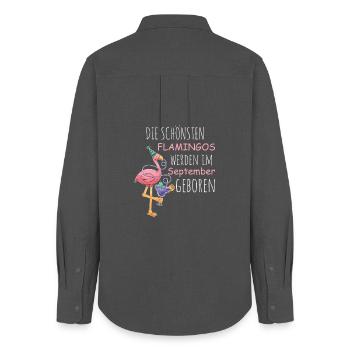 Anniversaire de septembre : Flamant rose disant drôle - Chemise Oxford Femme - charbon - Dos - AI Model Female 172 light (172cm)