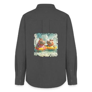 Südsee-Hippos im Schwimmreifen - Frauen Oxford Hemd - Anthrazit - Hinten - AI Model Female 172 light (172cm)