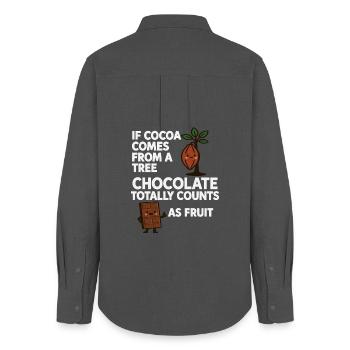 Le chocolat est un fruit – l’expression humoristique du cacao - Chemise Oxford Femme - charbon - Dos - AI Model Female 172 light (172cm)