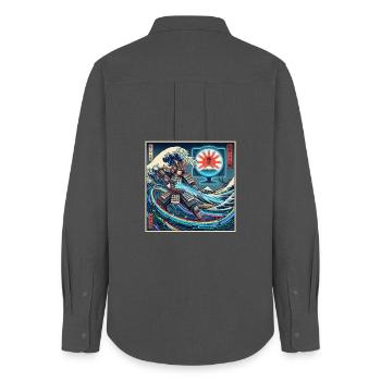 Cyber Samurai 模式 devant les vagues et Fuji - Chemise Oxford Femme - charbon - Dos - AI Model Female 172 light (172cm)