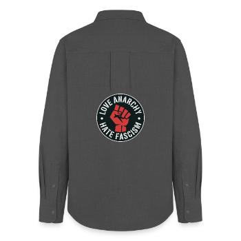 J’aime l’anarchie, je déteste le fascisme - Produits dérivés antifascistes - Chemise Oxford Femme - charbon - Dos - AI Model Female 172 light (172cm)