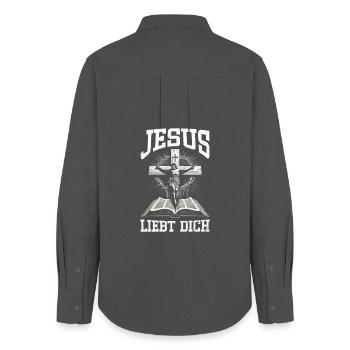 Jésus t’aime, croyant catholique chrétien - Chemise Oxford Femme - charbon - Dos - AI Model Female 172 light (172cm)