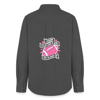 Je connais la citation de football Play Like a Girl - Chemise Oxford Femme - charbon - Dos - AI Model Female 172 light (172cm)
