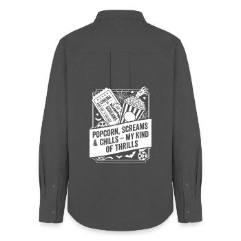 Popcorn Screams My Kind of Thrills - Frauen Oxford Hemd - Anthrazit - Hinten - AI Model Female 172 light (172cm)