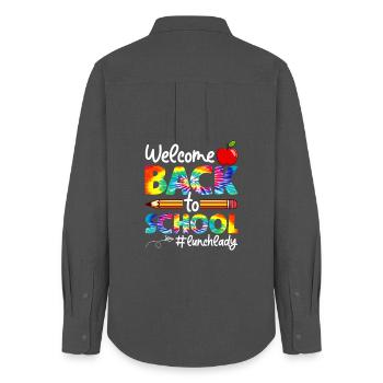 Lunch Lady Crew Tie Dye Leopard Back to School - Frauen Oxford Hemd - Anthrazit - Hinten - AI Model Female 172 light (172cm)