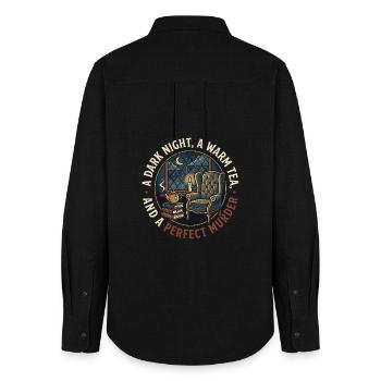 A Dark Night Warm Tea Perfect Murder Cozy Mystery - Women's Oxford Shirt - black - Back - AI Model Female 172 light (172cm)