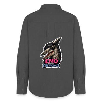 Dinosaure emo, Dino triste, Émotif - Chemise Oxford Femme - charbon - Dos - AI Model Female 172 light (172cm)