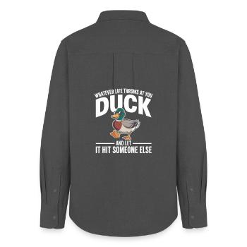 Duck Spruch: Lass es andere treffen - Frauen Oxford Hemd - Anthrazit - Hinten - AI Model Female 172 light (172cm)
