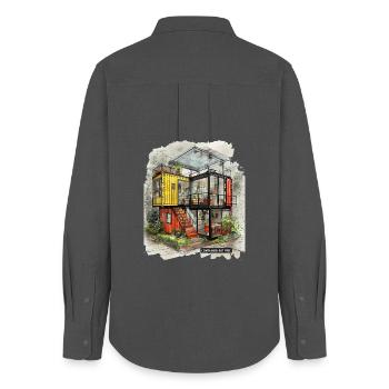 CONTAINED BUT FREE – Moderne Shipping Container Art - Frauen Oxford Hemd - Anthrazit - Hinten - AI Model Female 172 light (172cm)