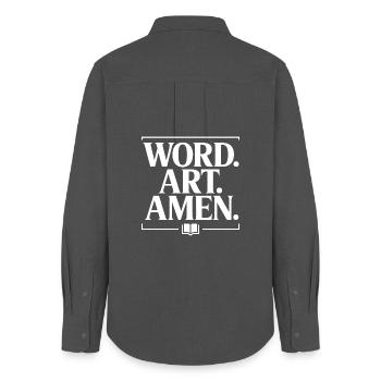 Wortkunst Amen Typografie T-Shirt - Frauen Oxford Hemd - Anthrazit - Hinten - AI Model Female 172 light (172cm)