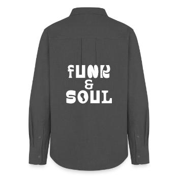 Funk and Soul Bold Typography  - Women's Oxford Shirt - anthracite - Back - AI Model Female 172 light (172cm)