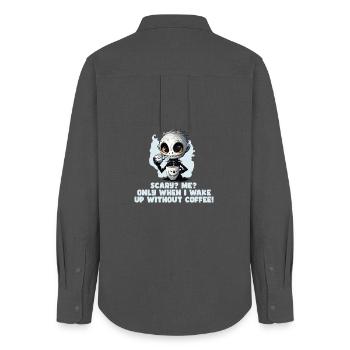 Coffee Morning Muffle Employee Saying Fun Tshirt - Women's Oxford Shirt - anthracite - Back - AI Model Female 172 light (172cm)