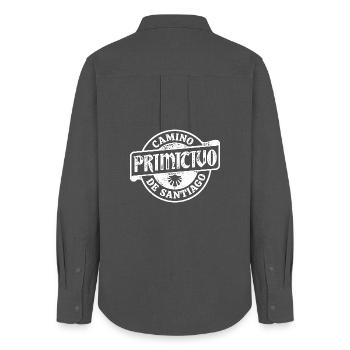 Camino Primitivo Pilger-Stempel | Jakobsweg - Frauen Oxford Hemd - Anthrazit - Hinten - AI Model Female 172 light (172cm)