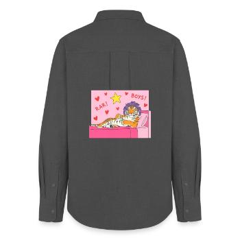Pink Tiger Lounge mit Herzen und Haarlockenwicklern - Frauen Oxford Hemd - Anthrazit - Hinten - AI Model Female 172 light (172cm)