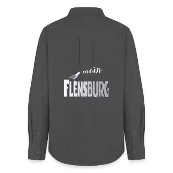 Flensburg Möwe & Moin Design - Frauen Oxford Hemd - Anthrazit - Hinten - AI Model Female 172 light (172cm)