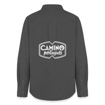 Camino Portugués Pilger-Stempel | Jakobsweg - Frauen Oxford Hemd - Anthrazit - Hinten - AI Model Female 172 light (172cm)