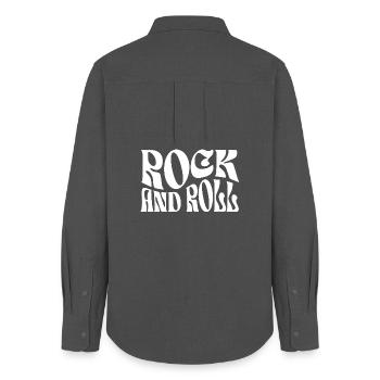 Impression typographique rock rétro - Chemise Oxford Femme - charbon - Dos - AI Model Female 172 light (172cm)