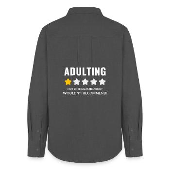 Skeptical Adulting Badge Design - Women's Oxford Shirt - anthracite - Back - AI Model Female 172 light (172cm)