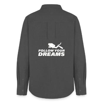 FOLLOW YOUR DREAMS - Frauen Oxford Hemd - Anthrazit - Hinten - AI Model Female 172 light (172cm)