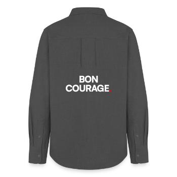 BON COURAGE | Expression humour minimaliste - Chemise Oxford Femme - charbon - Dos - AI Model Female 172 light (172cm)