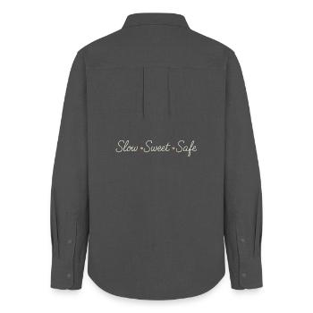 Calm is rebellion. Soft Life Self Care - Women's Oxford Shirt - anthracite - Back - AI Model Female 172 light (172cm)
