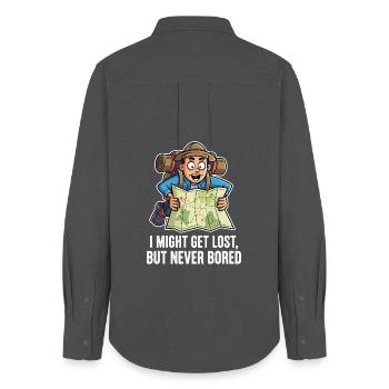Wanderlust Design – Funny Saying for Adventurers - Women's Oxford Shirt - anthracite - Back - AI Model Female 172 light (172cm)