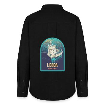 Illustration Belém Tower Lisbon, Aerial View - Women's Oxford Shirt - black - Back - AI Model Female 172 light (172cm)