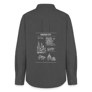 Paysage urbain en linocut de la ligne d’horizon de Chicago - Chemise Oxford Femme - charbon - Dos - AI Model Female 172 light (172cm)
