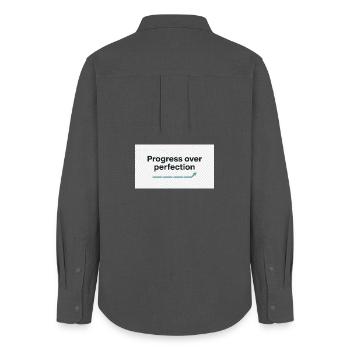 Typography_design_text_progress_over_perfectio - Chemise Oxford Femme - charbon - Dos - AI Model Female 172 light (172cm)