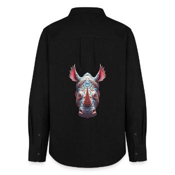 Ornate Rhino Portrait - Psychedelic Spirit Mask - Women's Oxford Shirt - black - Back - AI Model Female 172 light (172cm)