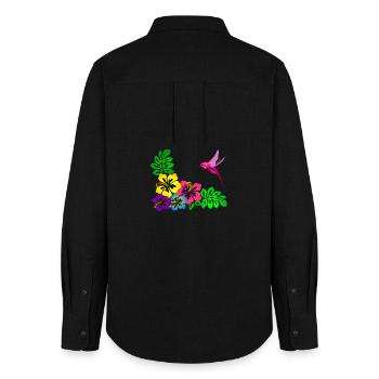 Tropical Hibiscus Motif Hummingbird - Women's Oxford Shirt - black - Back - AI Model Female 172 light (172cm)