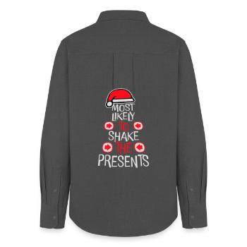 Most Likely to Shake the Presents Weihnachten Spaß - Frauen Oxford Hemd - Anthrazit - Hinten - AI Model Female 172 light (172cm)
