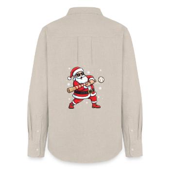 Santa Playing Baseball Xmas Fun Graphic for Fans - Women's Oxford Shirt - beige - Back - AI Model Female 172 light (172cm)