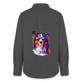 Bunter Sheltie mit Sonnenbrille und Bubblegum - Frauen Oxford Hemd - Anthrazit - Hinten - AI Model Female 172 light (172cm)