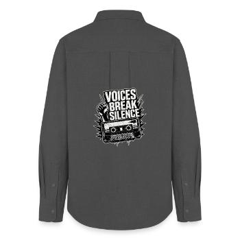 Voices Break Silence - raised fist and cassette - Women's Oxford Shirt - anthracite - Back - AI Model Female 172 light (172cm)