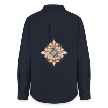 impressive cross of stylized lilies - Women's Oxford Shirt - navy - Back - AI Model Female 172 light (172cm)