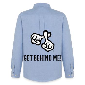 Get Behind Me! (Cross / Bible / Religion / 2C) - Men's Oxford Shirt by Stanley/Stella - carolina blue - Back - AI Model Male 185 dark (185cm)